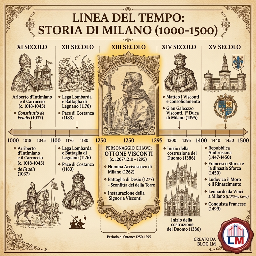Linea del tempo della Storia di Milano (1000-1500) con il ruolo di Ottone Visconti